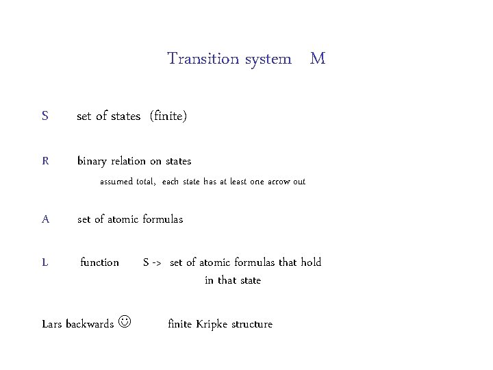 Transition system M S set of states (finite) R binary relation on states A Transition system M S set of states (finite) R binary relation on states A