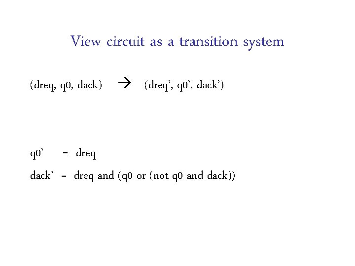 View circuit as a transition system (dreq, q 0, dack) (dreq’, q 0’, dack’) View circuit as a transition system (dreq, q 0, dack) (dreq’, q 0’, dack’)