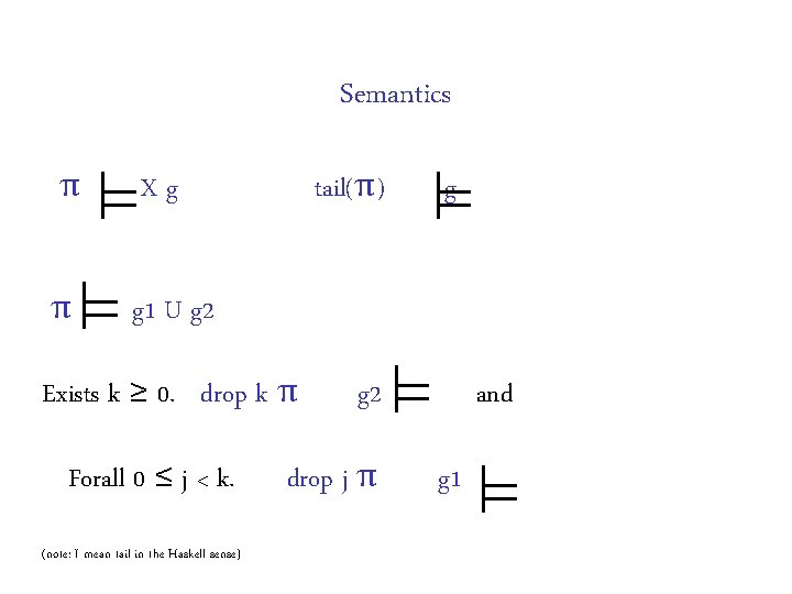 Semantics π Xg π g 1 U g 2 tail(π) Exists k ≥ 0. Semantics π Xg π g 1 U g 2 tail(π) Exists k ≥ 0.