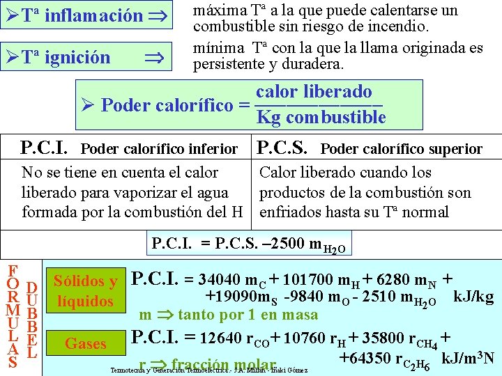 ØTª inflamación ØTª ignición Tª de inflamación, ignición y poder calorífico máxima Tª a