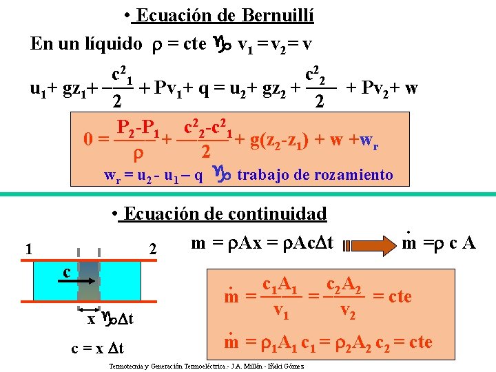  • Ecuación de Bernuillí En un líquido = cte v 1 = v