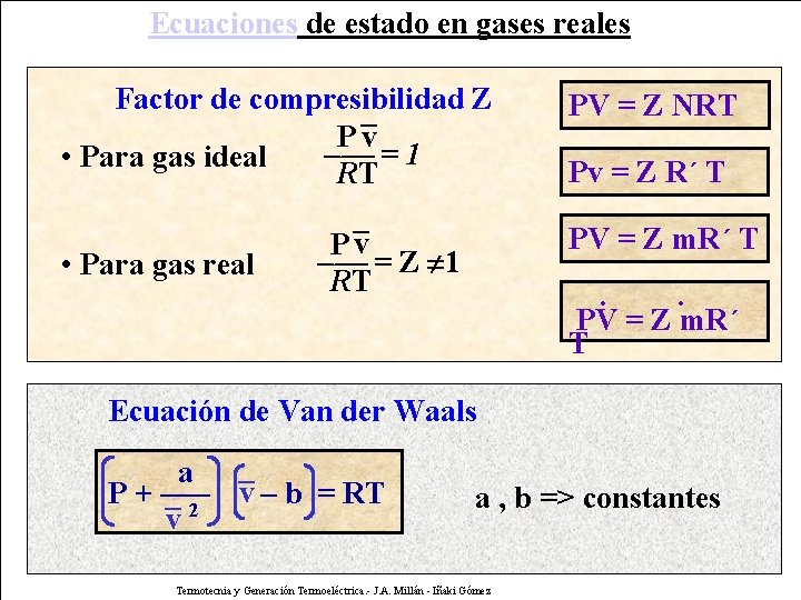 Ecuaciones de estado en gases reales Factor de compresibilidad Z _ Pv --- =