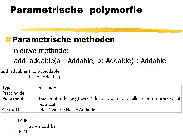 Parametrische polymorfie z. Parametrische methoden nieuwe methode: add_addable(a : Addable, b: Addable) : Addable