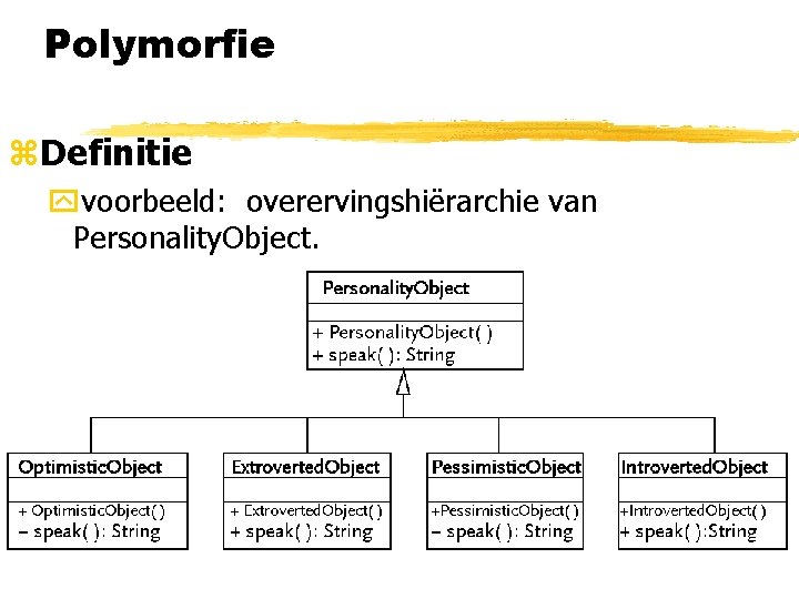 Polymorfie z. Definitie yvoorbeeld: overervingshiërarchie van Personality. Object. 