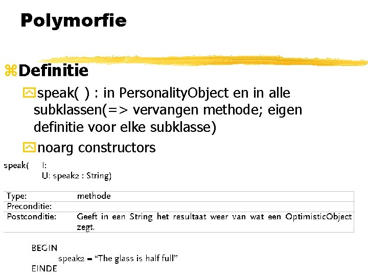 Polymorfie z. Definitie yspeak( ) : in Personality. Object en in alle subklassen(=> vervangen