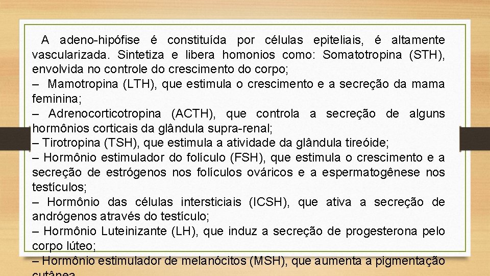 A adeno-hipófise é constituída por células epiteliais, é altamente vascularizada. Sintetiza e libera homonios