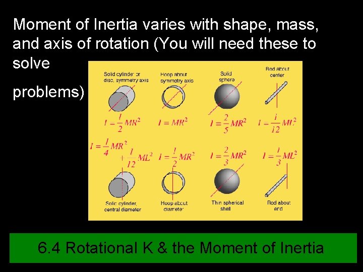 Moment of Inertia varies with shape, mass, and axis of rotation (You will need