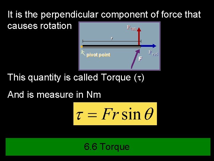 It is the perpendicular component of force that causes rotation This quantity is called
