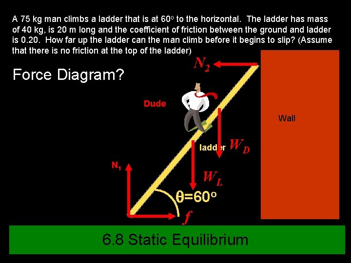 A 75 kg man climbs a ladder that is at 60 o to the