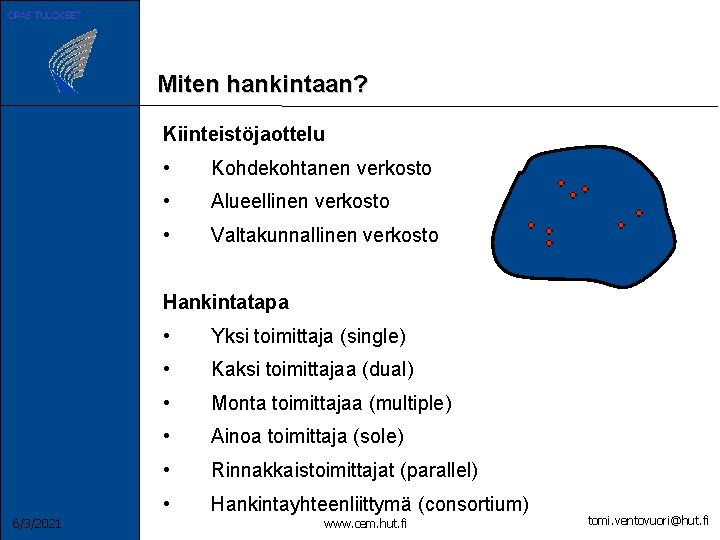 OPAS TULOKSET Miten hankintaan? Kiinteistöjaottelu • Kohdekohtanen verkosto • Alueellinen verkosto • Valtakunnallinen verkosto