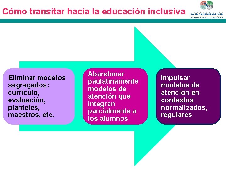 Cómo transitar hacia la educación inclusiva Eliminar modelos segregados: currículo, evaluación, planteles, maestros, etc.