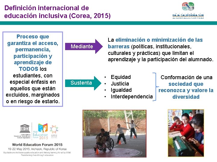 Definición internacional de educación inclusiva (Corea, 2015) Proceso que garantiza el acceso, permanencia, participación