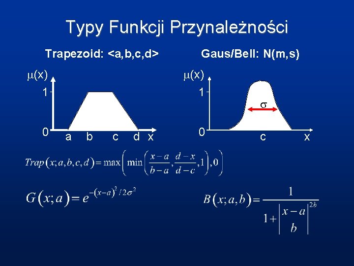 Typy Funkcji Przynależności Trapezoid: <a, b, c, d> (x) 1 0 Gaus/Bell: N(m, s)