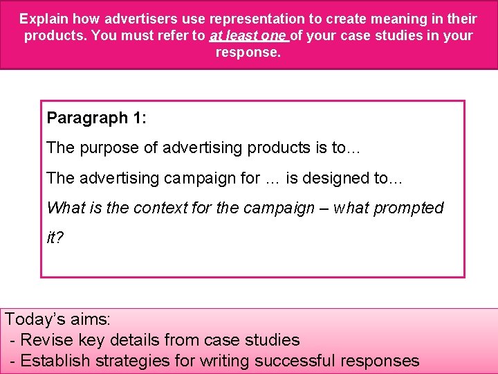 Explain how advertisers use representation to create meaning in their products. You must refer