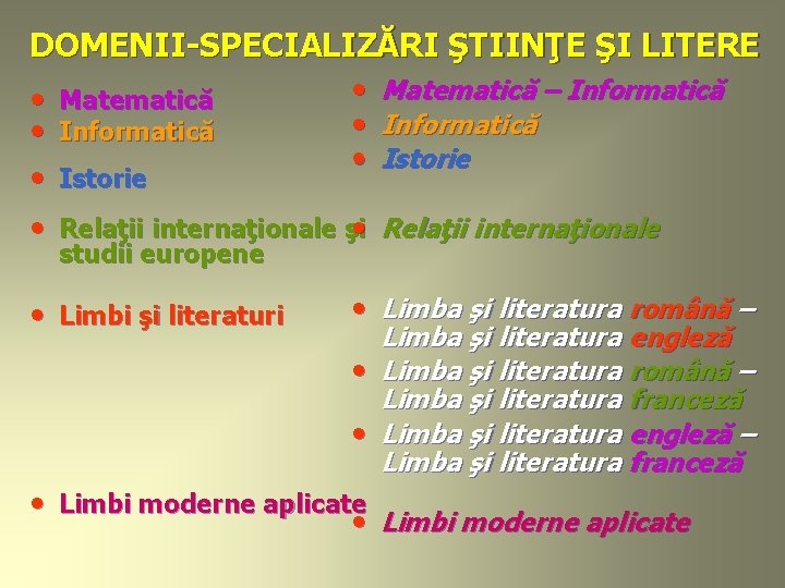 DOMENII-SPECIALIZĂRI ŞTIINŢE ŞI LITERE • Matematică – Informatică • Matematică • Informatică • Istorie