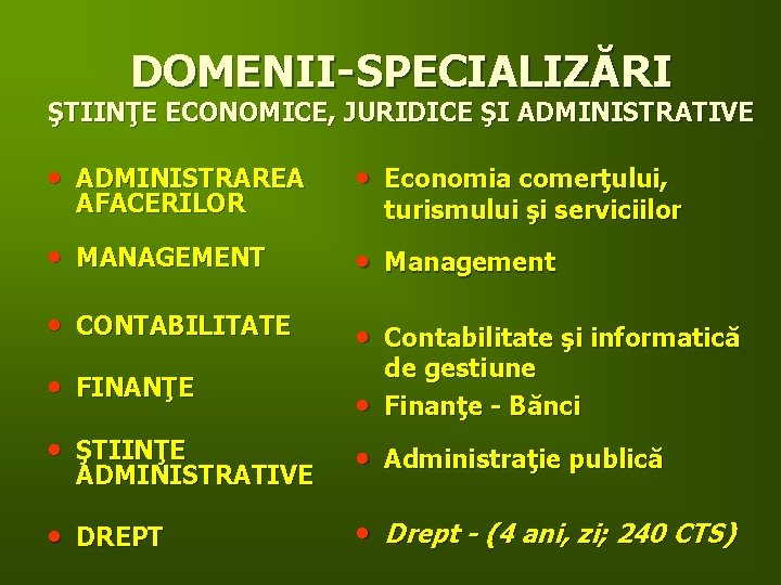 DOMENII-SPECIALIZĂRI ŞTIINŢE ECONOMICE, JURIDICE ŞI ADMINISTRATIVE • ADMINISTRAREA • Economia comerţului, • MANAGEMENT •