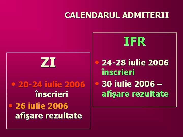 CALENDARUL ADMITERII IFR ZI • 20 -24 iulie 2006 înscrieri • 26 iulie 2006