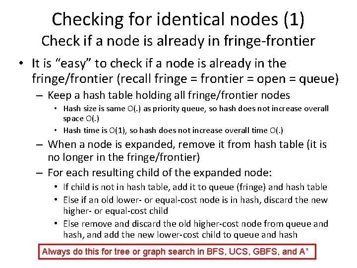 Checking for identical nodes (1) Check if a node is already in fringe-frontier •