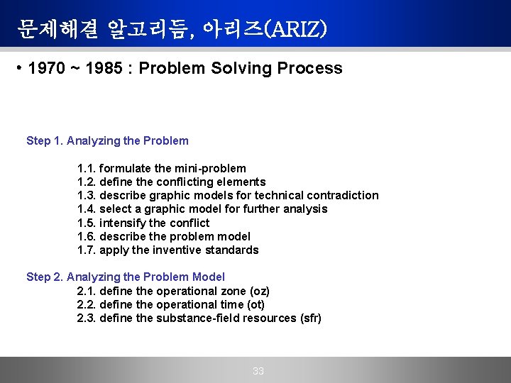 문제해결 알고리듬, 아리즈(ARIZ) • 1970 ~ 1985 : Problem Solving Process Step 1. Analyzing