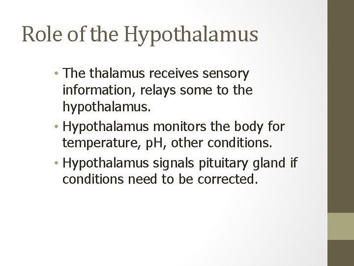 Role of the Hypothalamus • The thalamus receives sensory information, relays some to the