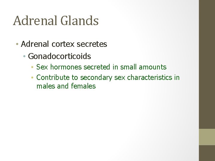 Adrenal Glands • Adrenal cortex secretes • Gonadocorticoids • Sex hormones secreted in small