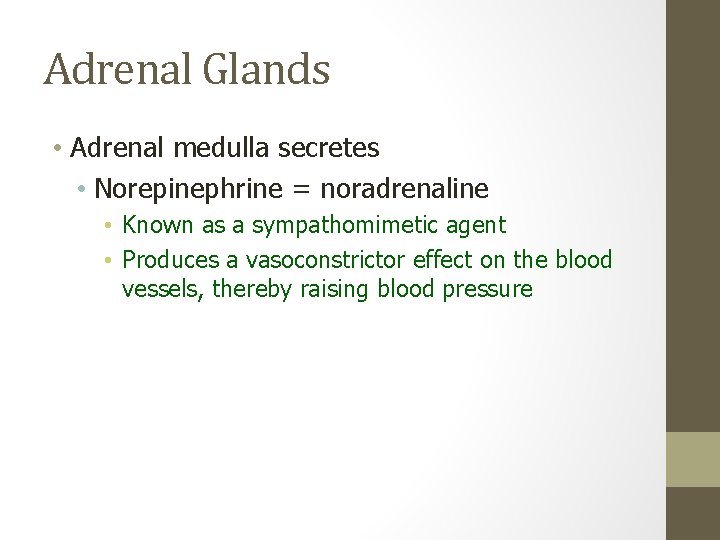 Adrenal Glands • Adrenal medulla secretes • Norepinephrine = noradrenaline • Known as a