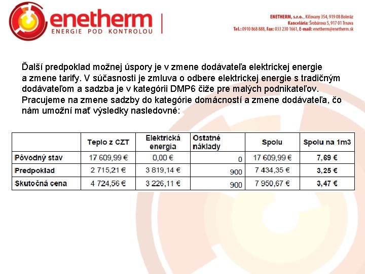 Ďalší predpoklad možnej úspory je v zmene dodávateľa elektrickej energie a zmene tarify. V