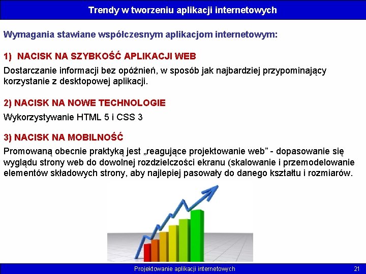 Trendy w tworzeniu aplikacji internetowych Wymagania stawiane współczesnym aplikacjom internetowym: 1) NACISK NA SZYBKOŚĆ