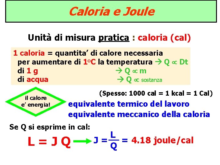 Caloria e Joule Unità di misura pratica : caloria (cal) 1 caloria = quantita’ Caloria e Joule Unità di misura pratica : caloria (cal) 1 caloria = quantita’