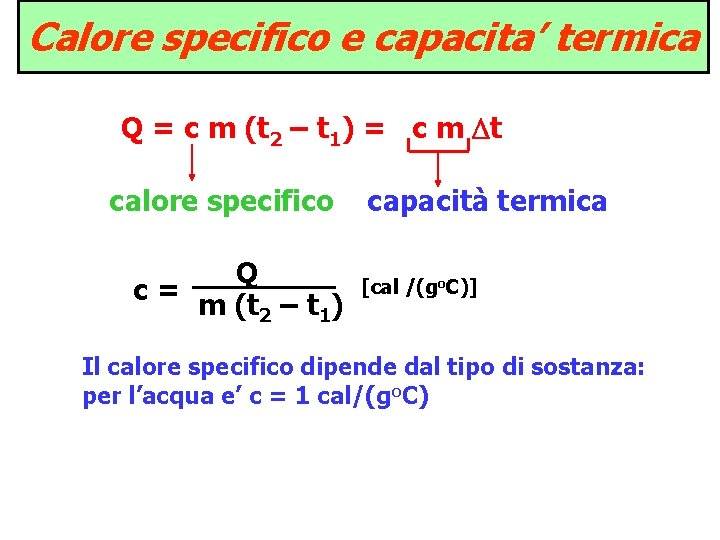Calore specifico e capacita’ termica Q = c m (t 2 – t 1) Calore specifico e capacita’ termica Q = c m (t 2 – t 1)