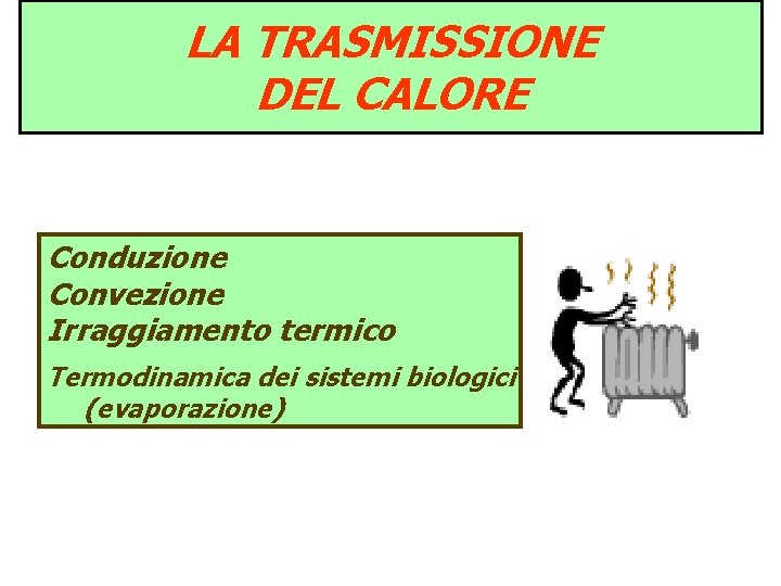 LA TRASMISSIONE DEL CALORE Conduzione Convezione Irraggiamento termico Termodinamica dei sistemi biologici (evaporazione) LA TRASMISSIONE DEL CALORE Conduzione Convezione Irraggiamento termico Termodinamica dei sistemi biologici (evaporazione)
