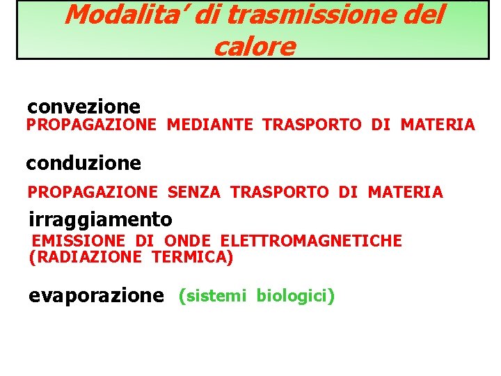 Modalita’ di trasmissione del calore convezione PROPAGAZIONE MEDIANTE TRASPORTO DI MATERIA conduzione PROPAGAZIONE SENZA Modalita’ di trasmissione del calore convezione PROPAGAZIONE MEDIANTE TRASPORTO DI MATERIA conduzione PROPAGAZIONE SENZA