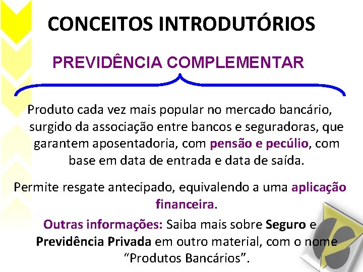 CONCEITOS INTRODUTÓRIOS PREVIDÊNCIA COMPLEMENTAR Produto cada vez mais popular no mercado bancário, surgido da