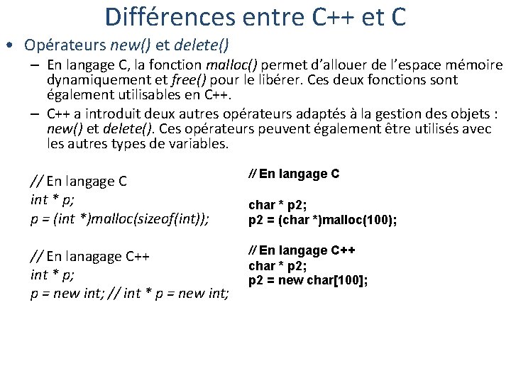 Différences entre C++ et C • Opérateurs new() et delete() – En langage C,