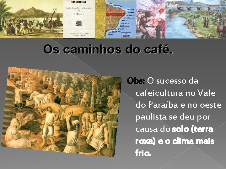 Os caminhos do café. Obs: O sucesso da cafeicultura no Vale do Paraíba e