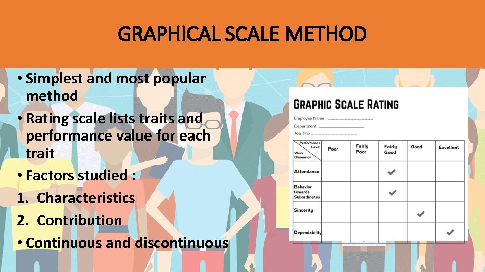 GRAPHICAL SCALE METHOD • Simplest and most popular method • Rating scale lists traits