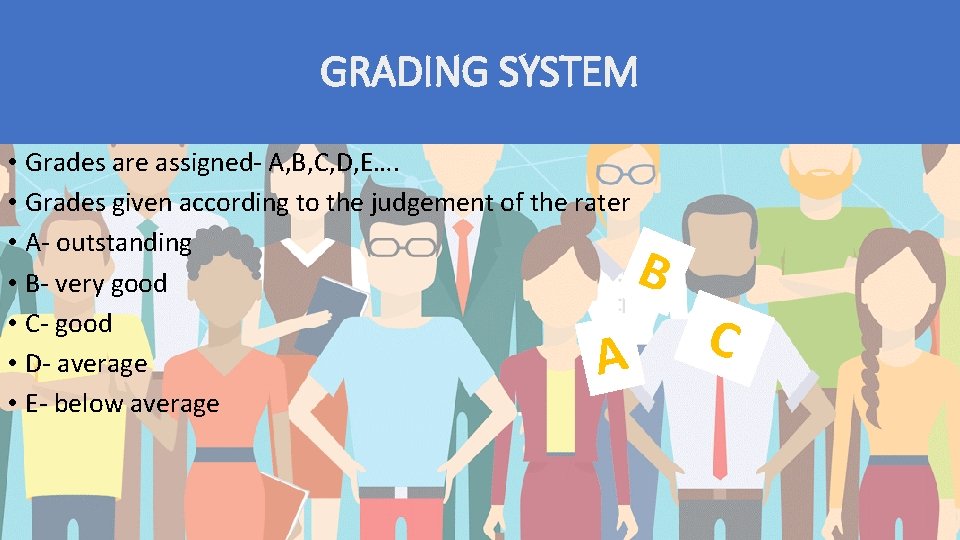 GRADING SYSTEM • Grades are assigned- A, B, C, D, E…. • Grades given