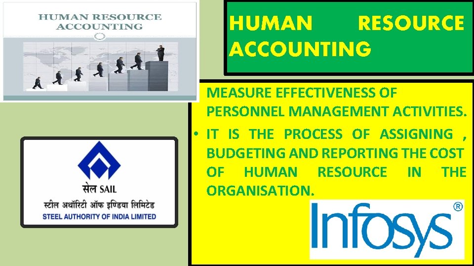 HUMAN RESOURCE ACCOUNTING • MEASURE EFFECTIVENESS OF PERSONNEL MANAGEMENT ACTIVITIES. • IT IS THE