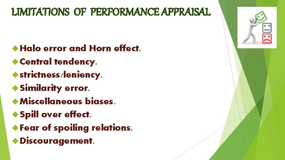 LIMITATIONS OF PERFORMANCE APPRAISAL Halo error and Horn effect. Central tendency. strictness/leniency. Similarity error.