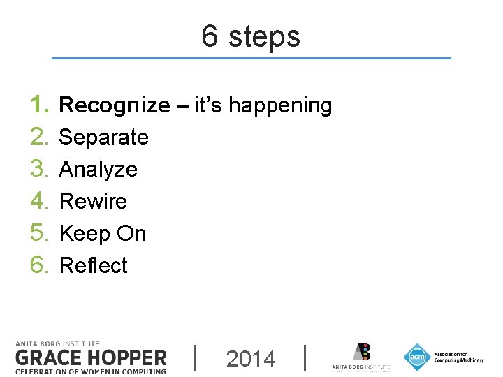 6 steps 1. 2. 3. 4. 5. 6. Recognize – it’s happening Separate Analyze