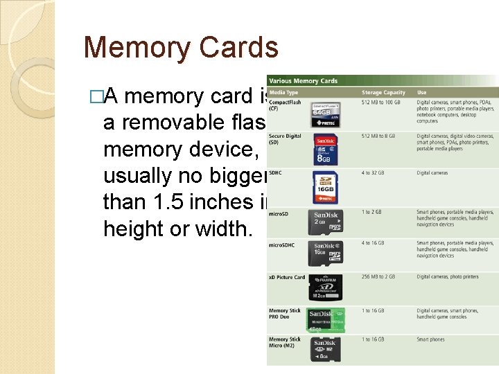 Memory Cards �A memory card is a removable flash memory device, usually no bigger
