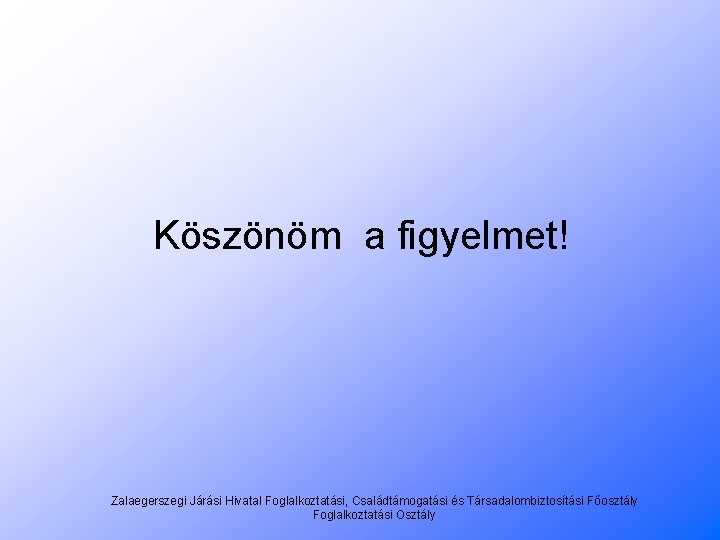 Köszönöm a figyelmet! Zalaegerszegi Járási Hivatal Foglalkoztatási, Családtámogatási és Társadalombiztosítási Főosztály Foglalkoztatási Osztály 