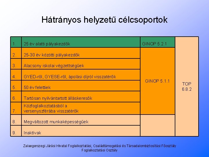 Hátrányos helyzetű célcsoportok 1. 25 év alatti pályakezdők 2. 25 -30 év közötti pályakezdők