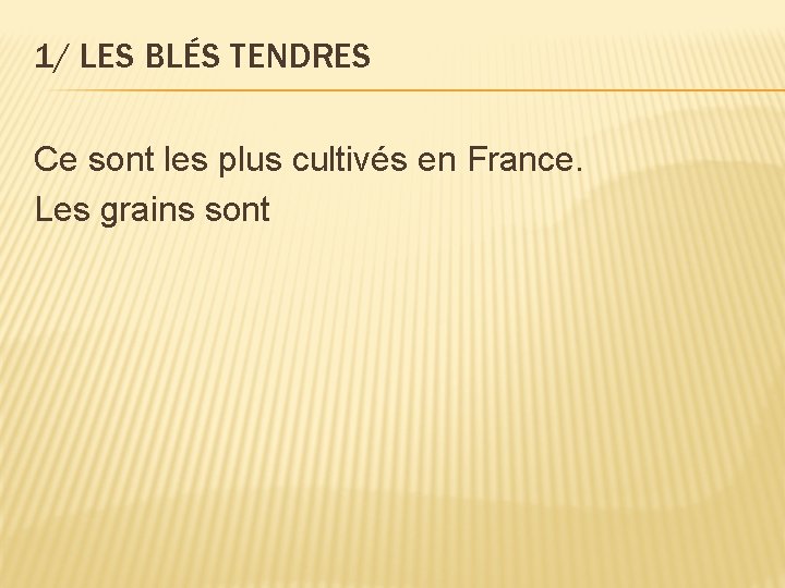 1/ LES BLÉS TENDRES Ce sont les plus cultivés en France. Les grains sont