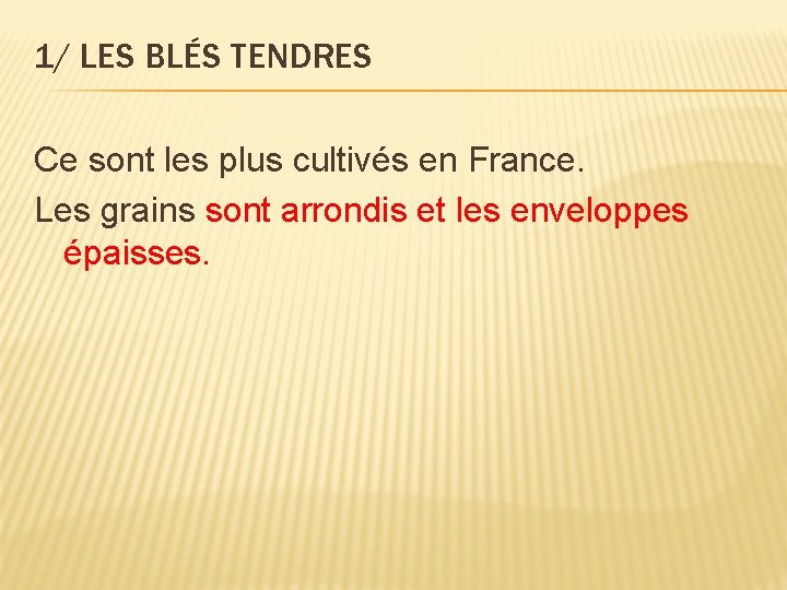 1/ LES BLÉS TENDRES Ce sont les plus cultivés en France. Les grains sont