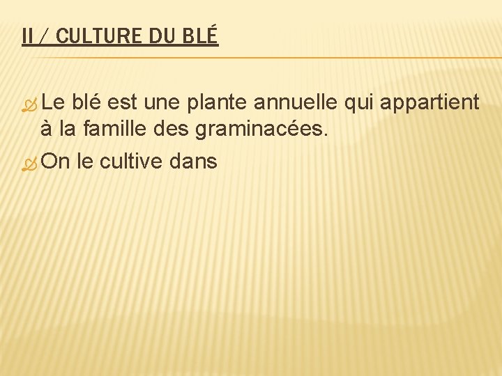 II / CULTURE DU BLÉ Le blé est une plante annuelle qui appartient à