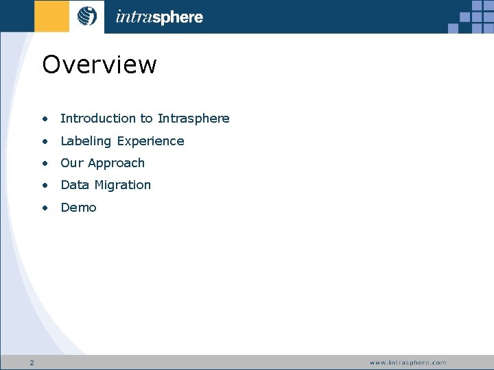Overview • Introduction to Intrasphere • Labeling Experience • Our Approach • Data Migration