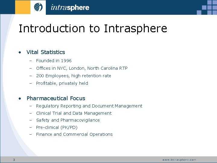 Introduction to Intrasphere • Vital Statistics – Founded in 1996 – Offices in NYC,