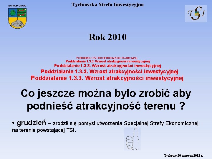 GMINA TYCHOWO Tychowska Strefa Inwestycyjna Rok 2010 Poddziałanie 1. 3. 3. Wzrost atrakcyjności inwestycyjnej