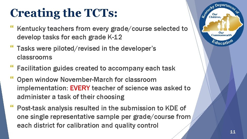 Creating the TCTs: } Kentucky teachers from every grade/course selected to develop tasks for